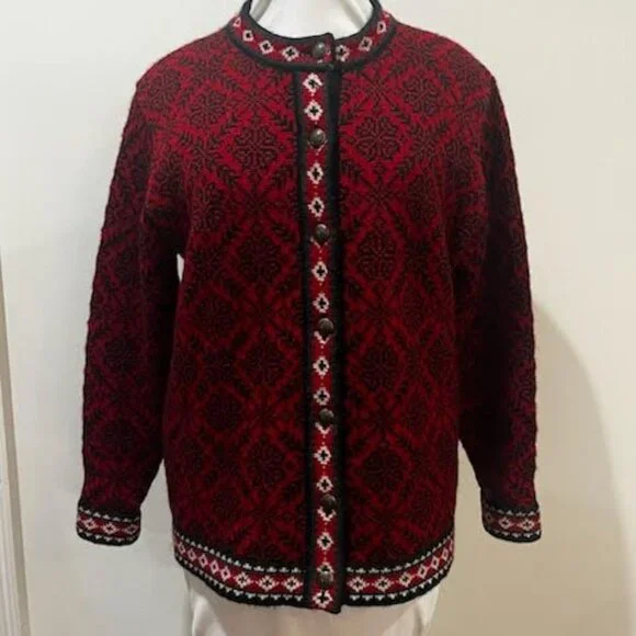 LL Bean 100% Merino Wool Button Down Patterned Knit Cardigan Sweater Women's L - Picture 1 of 6